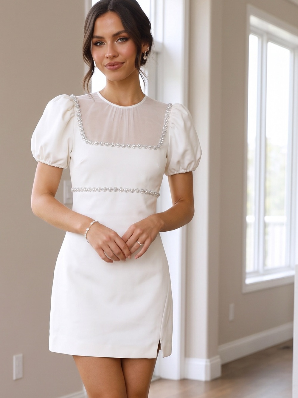 Likely phoebe White Puff-Sleeve Mini Dress with Beaded Trim